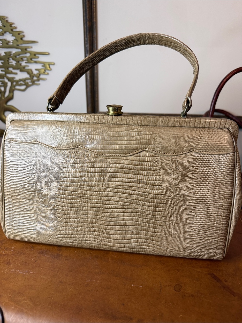 Vintage Cream Textured Top-Handle Bag